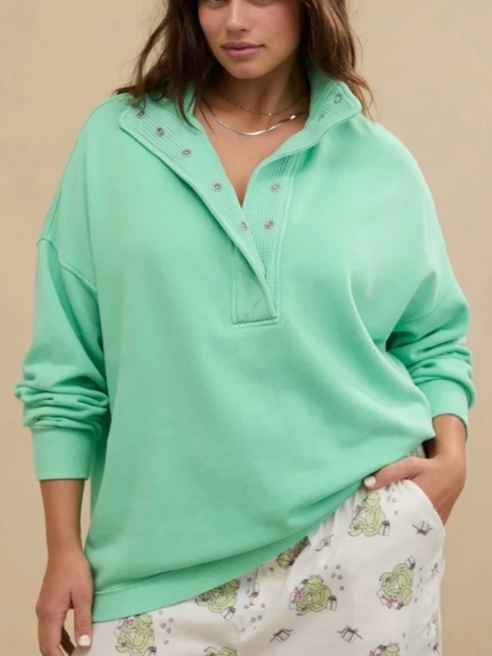 Aerie - Oversized Getaway Quarter Snap Collar Green Lightweight Sweatshirt - XL